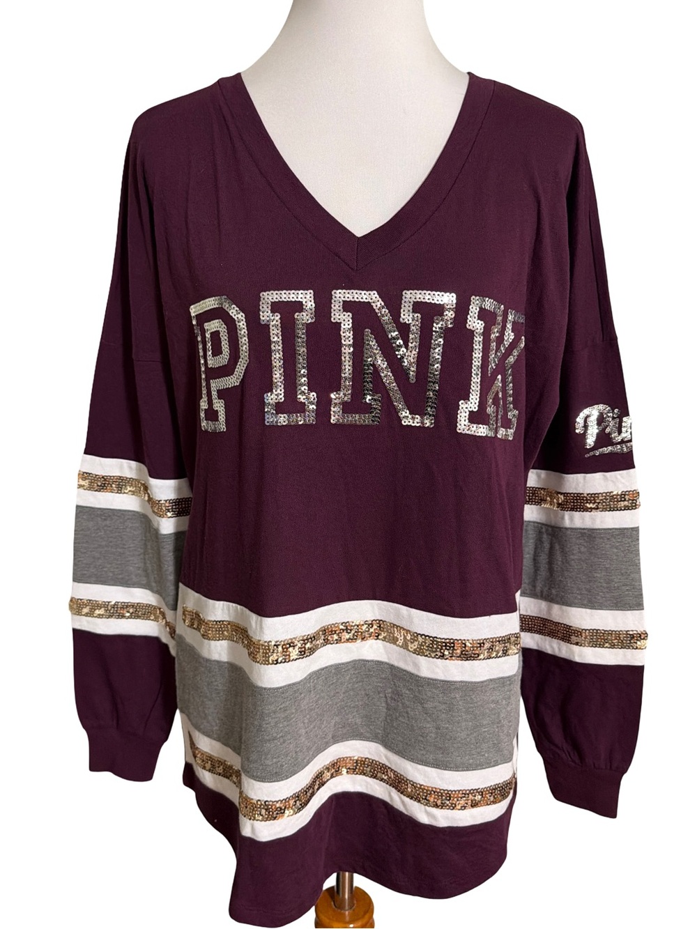 Victoria's Secret PINK Maroon V-Neck Sequin Varsity Sweatshirt
